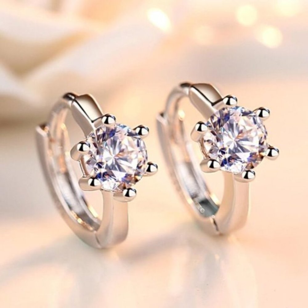 NEW 925 Sterling Silver Diamond Hoop Earrings - Picture 4 of 7
